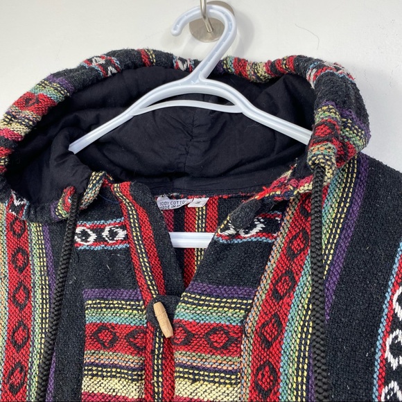 Vintage Hand Woven Baja Hoodie Multicolour Tapestry Wood Toggles Boho Hippie S - Picture 2 of 14
